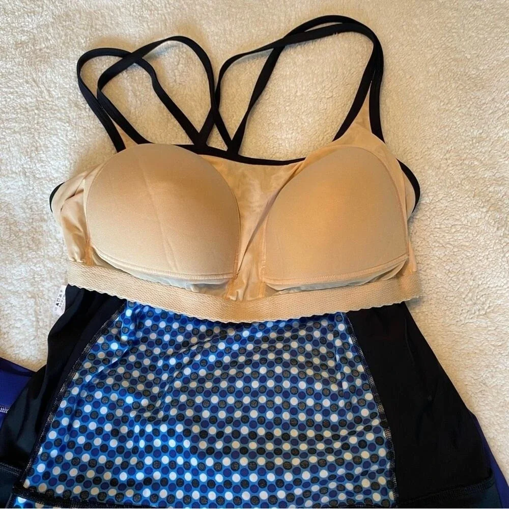 Lands End Tankini Swim Top 24W Blue Black White Polka Dot Vacation Cruise Beach